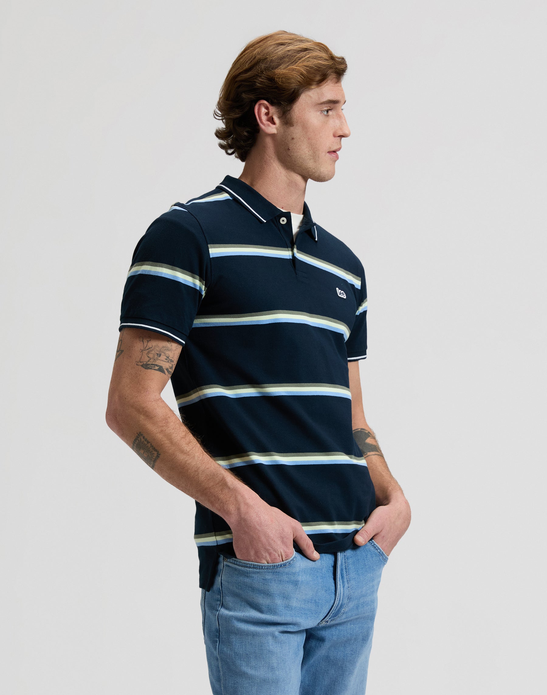 Pique Polo in Lime Ice Navy Stripe T-Shirts Lee