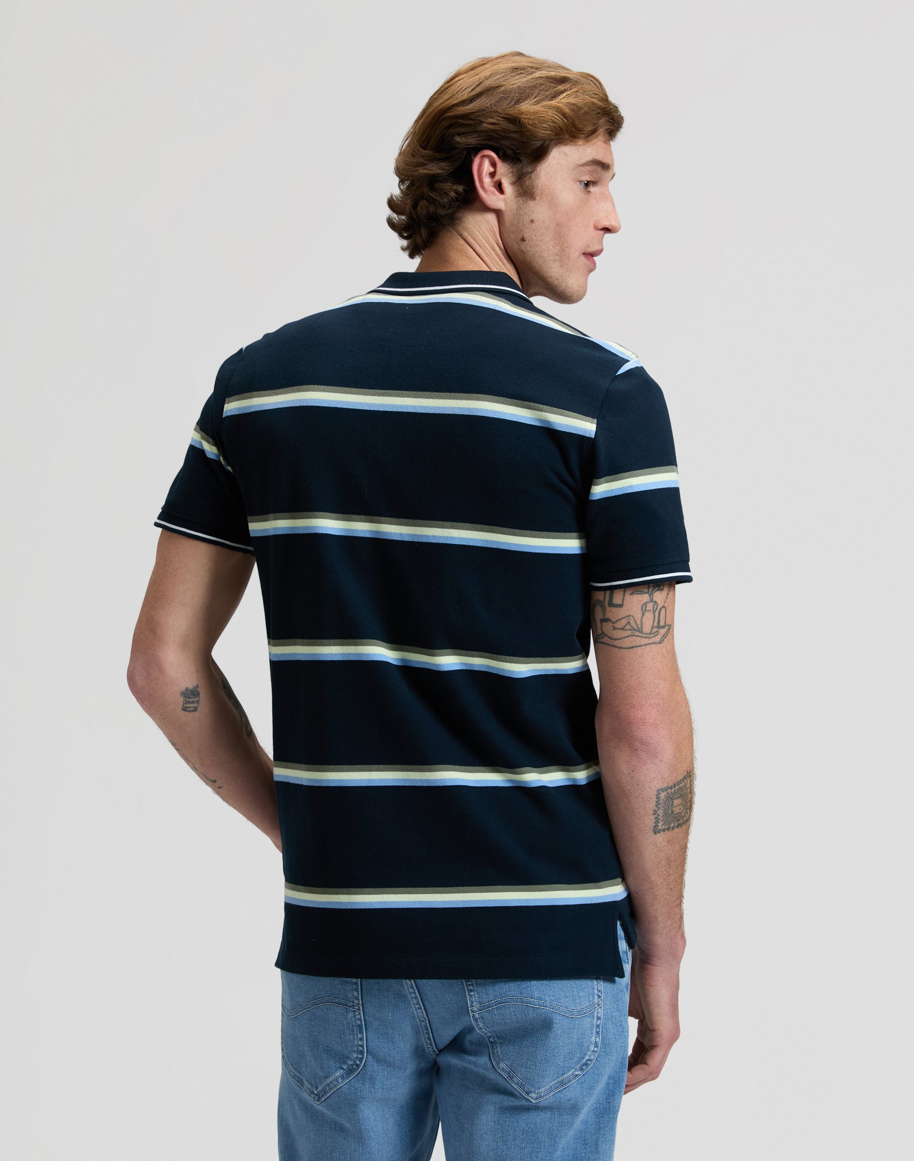 Pique Polo in Lime Ice Navy Stripe T-Shirts Lee