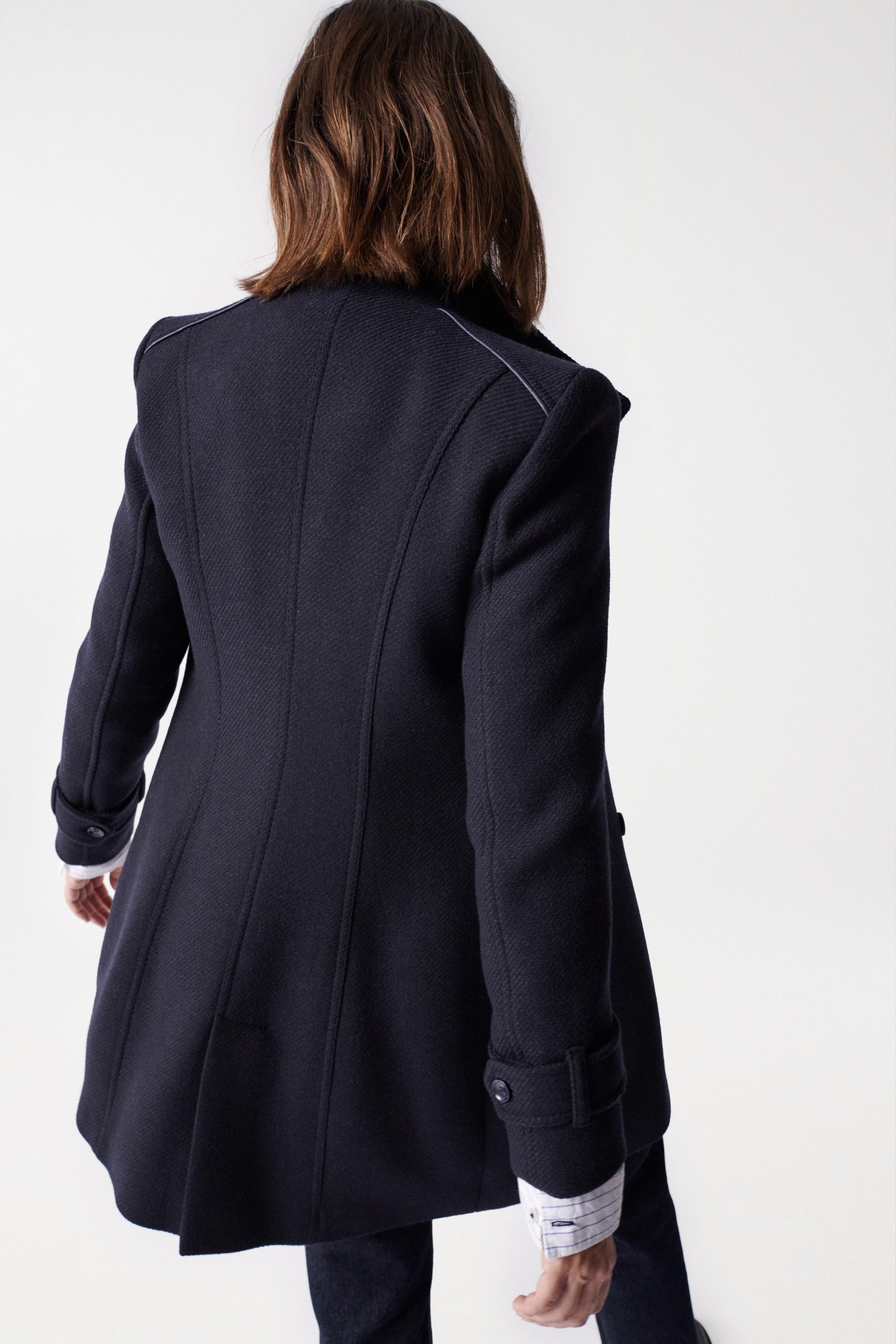 Grace Long Woolen Coat in Dark Blue