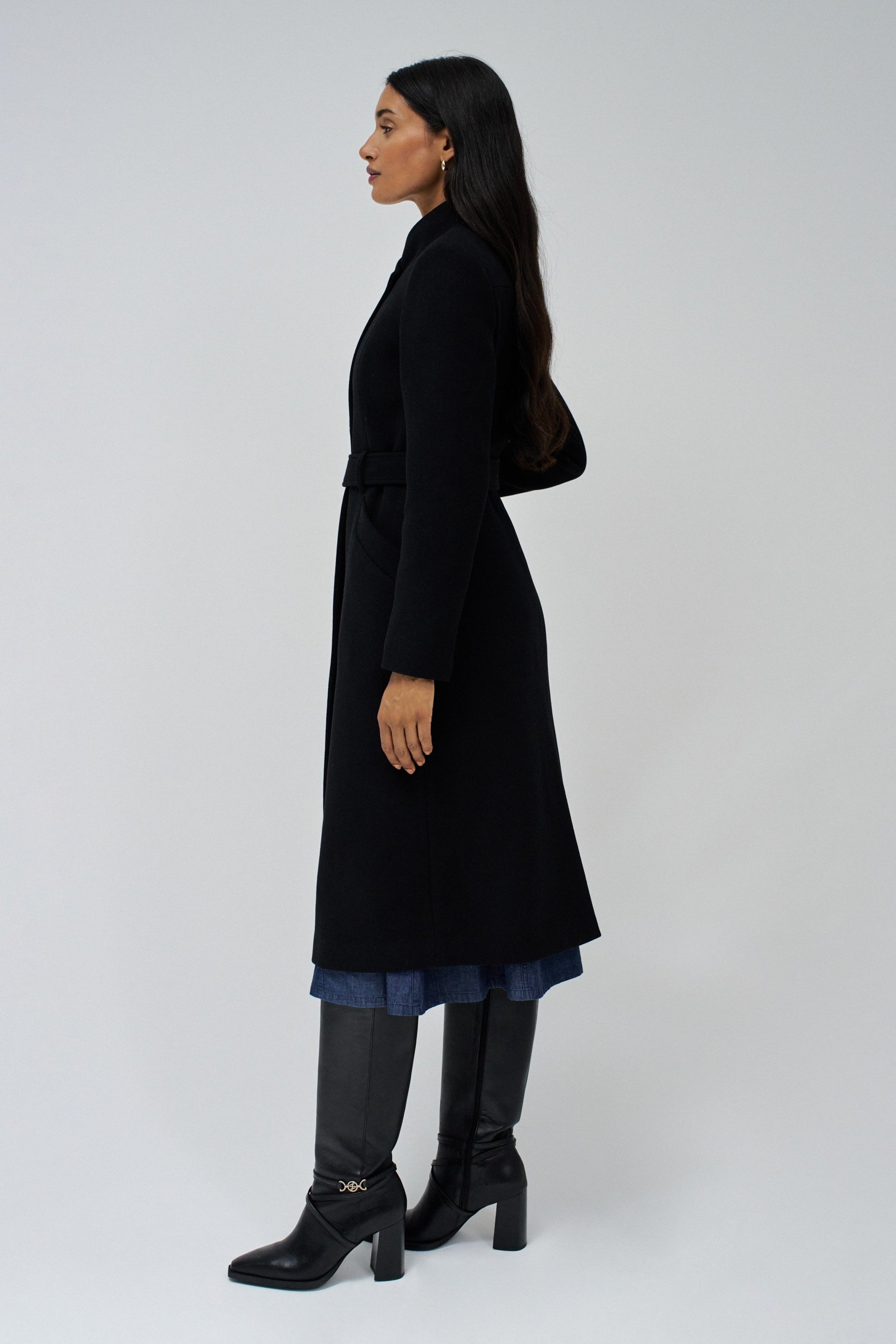 Long Wool Peacoat With Belt in Black Jacken Salsa Jeans