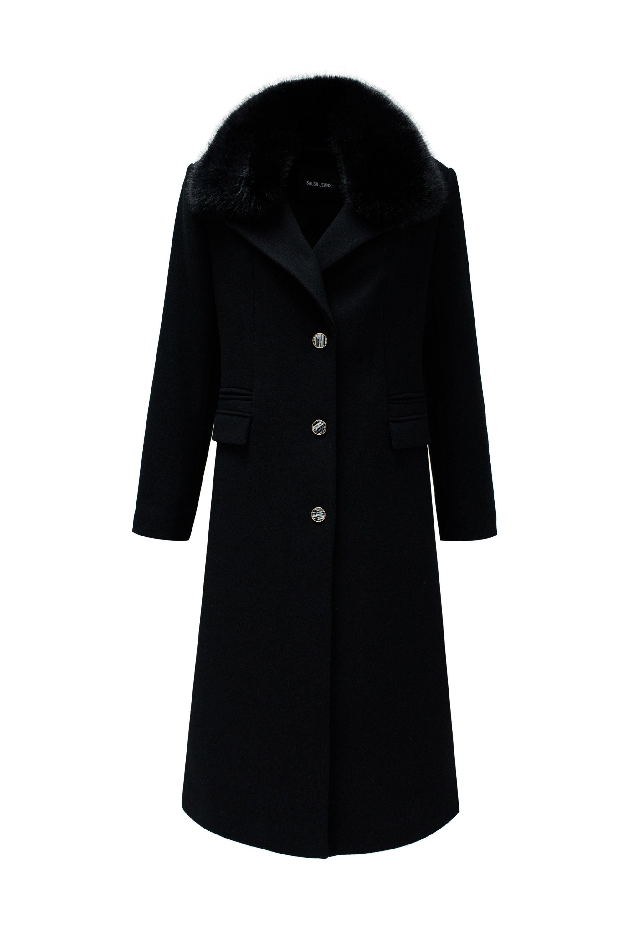 Wool Coat With Faux Fur Collar in Black Jacken Salsa Jeans