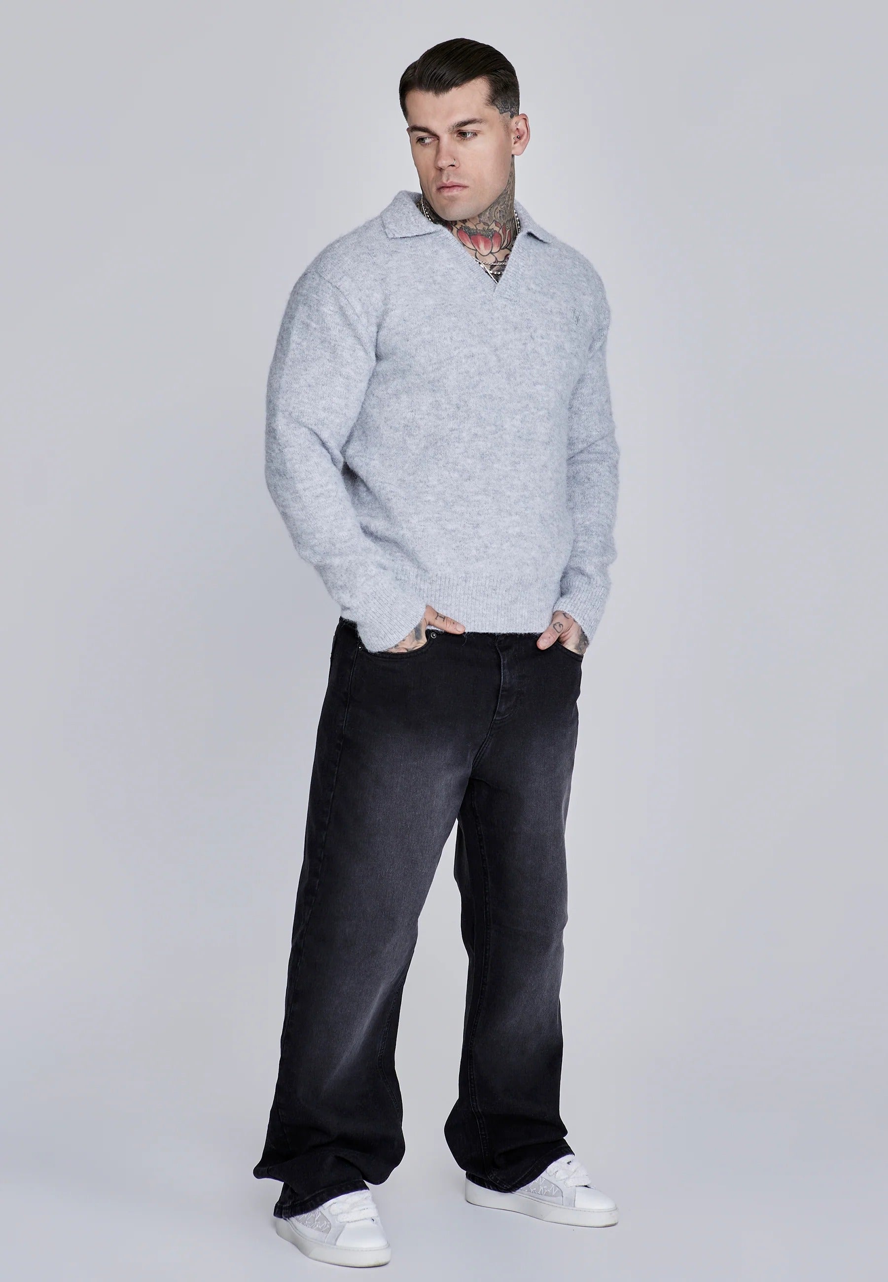 Knitted Polo Sweater in Grey