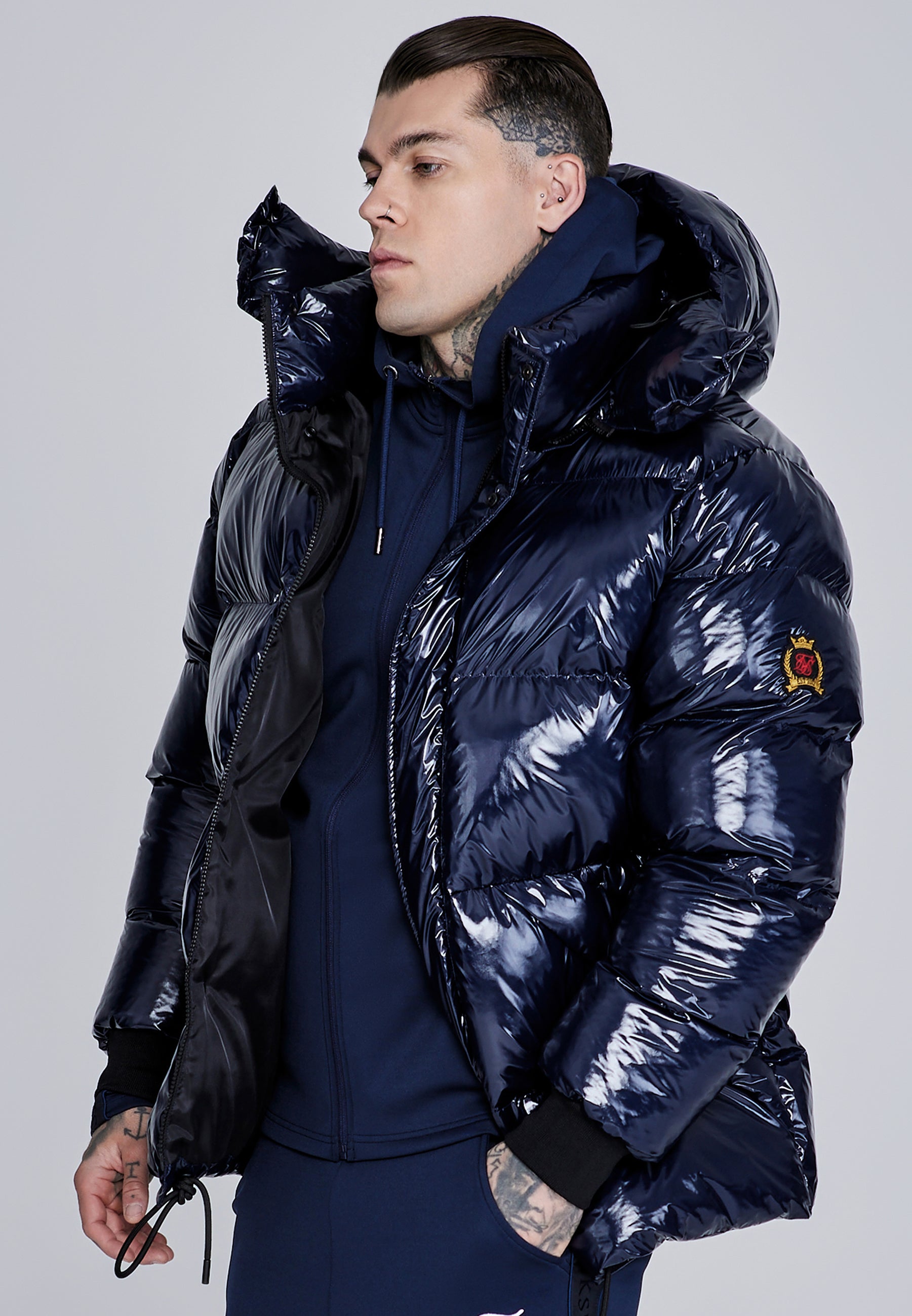 High Shine Puffer Jacket in Dark Navy