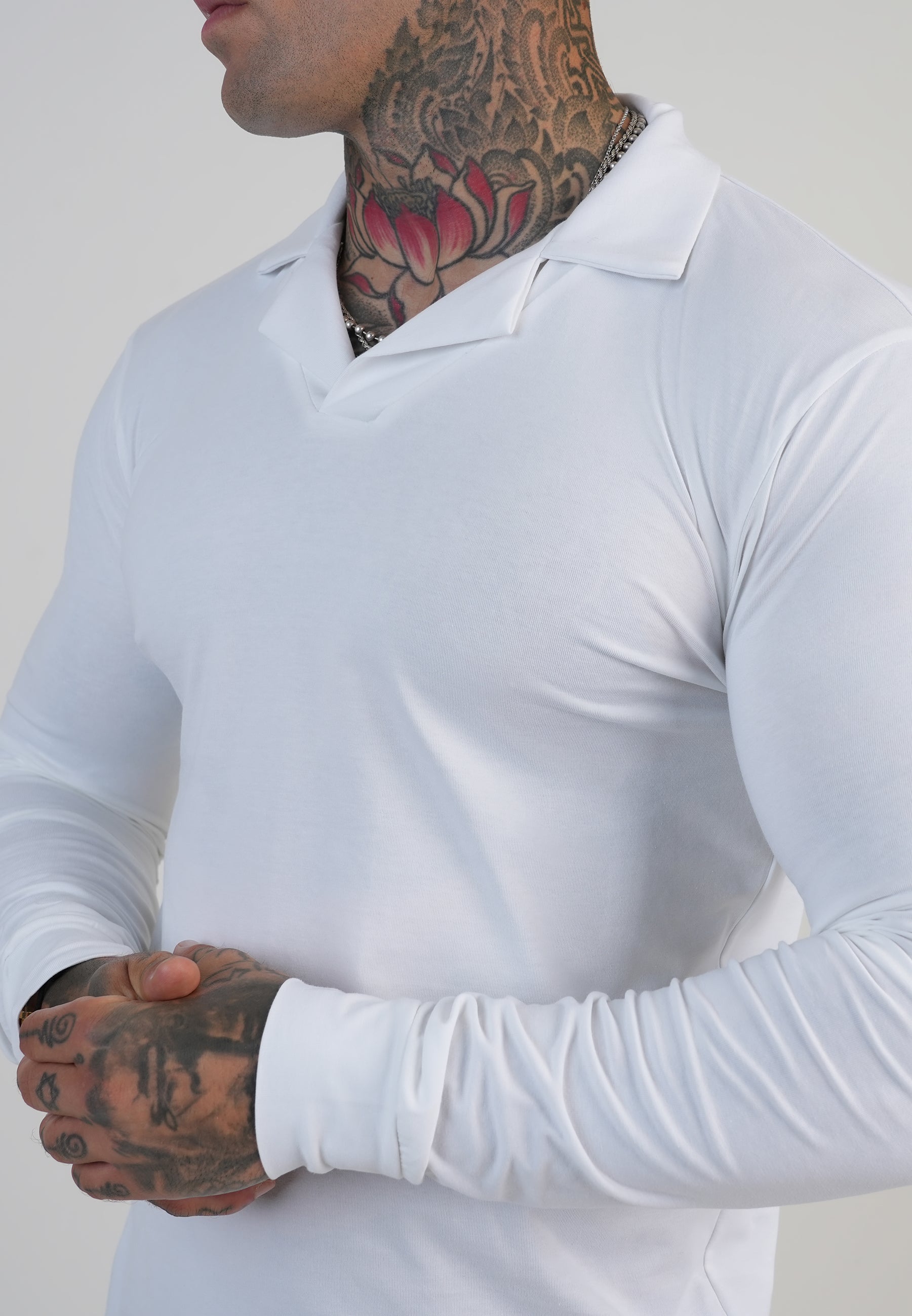 Long Sleeve Revere Polo in White T-Shirts SikSilk