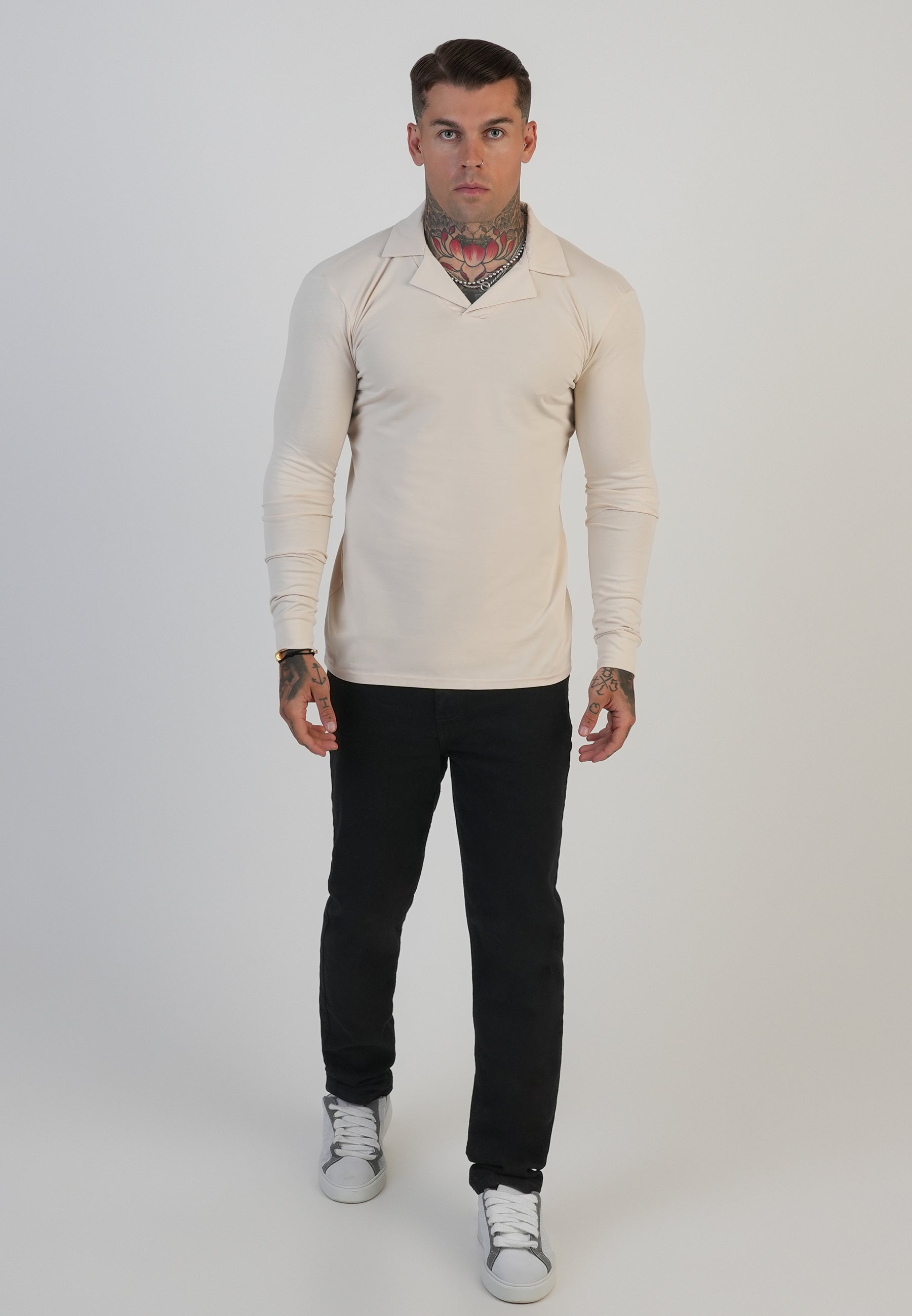 Long Sleeve Revere Polo in Ecru T-Shirts SikSilk
