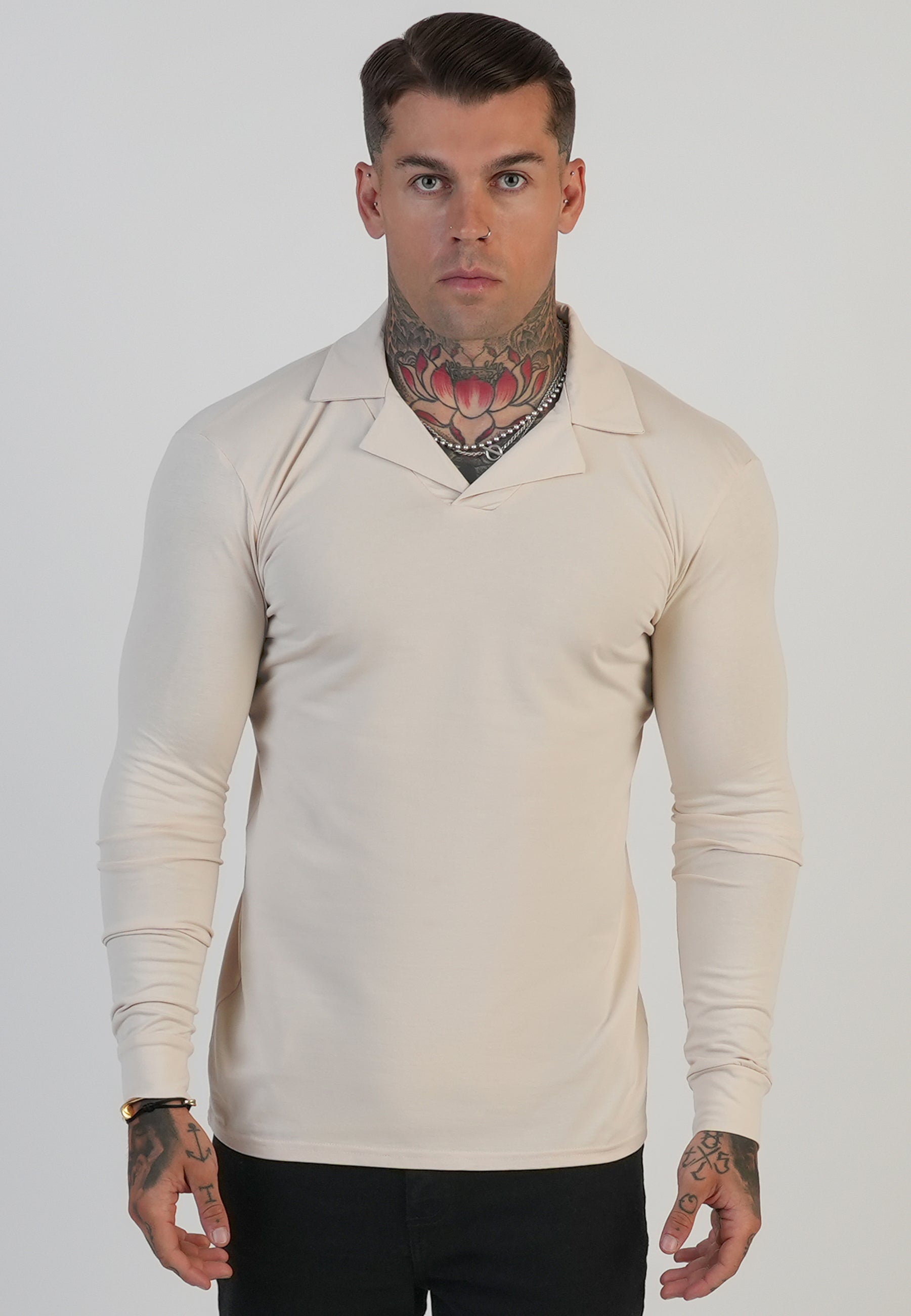 Long Sleeve Revere Polo in Ecru T-Shirts SikSilk
