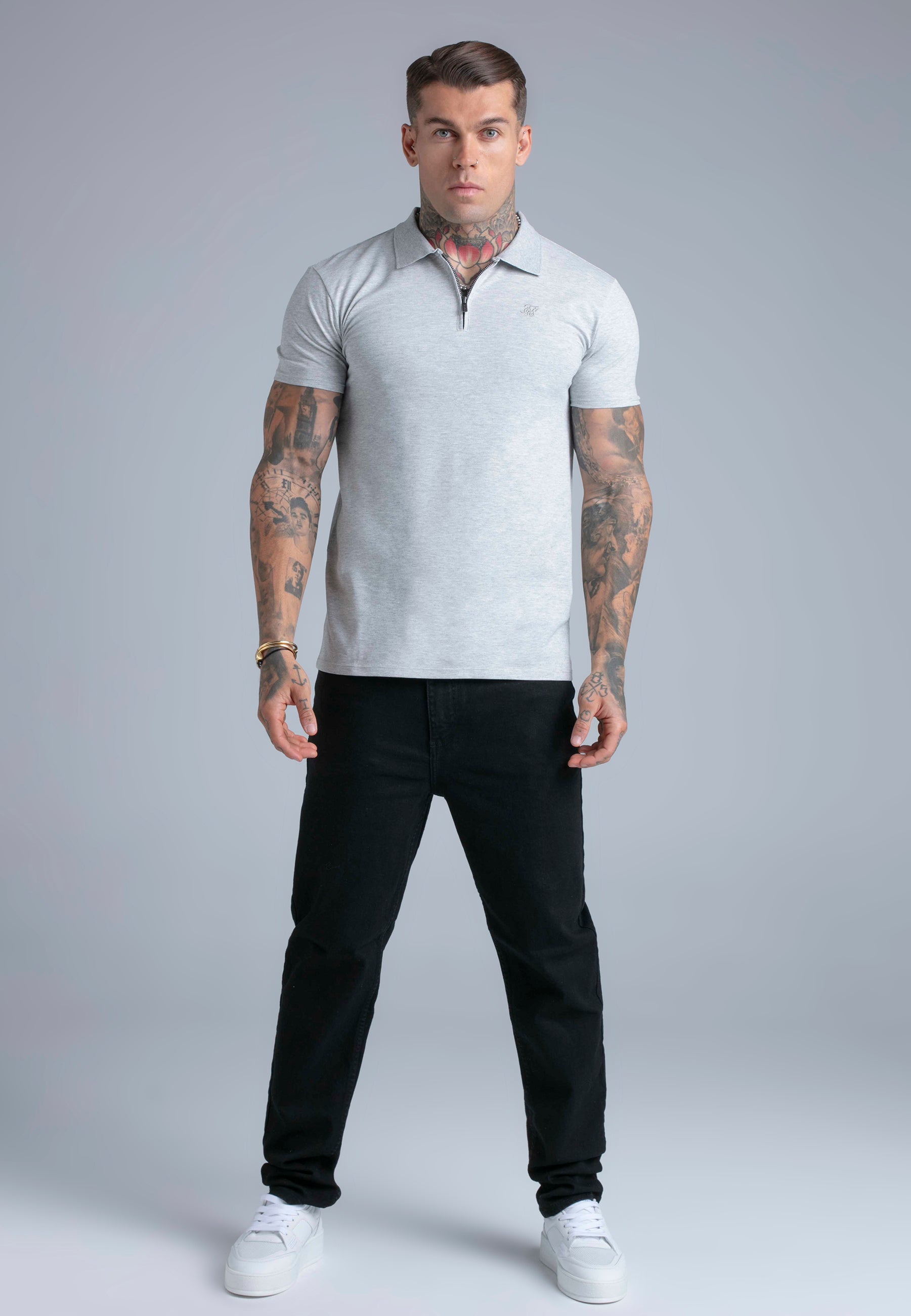 Zip Polo T-Shirt in Grey Marl T-Shirts SikSilk