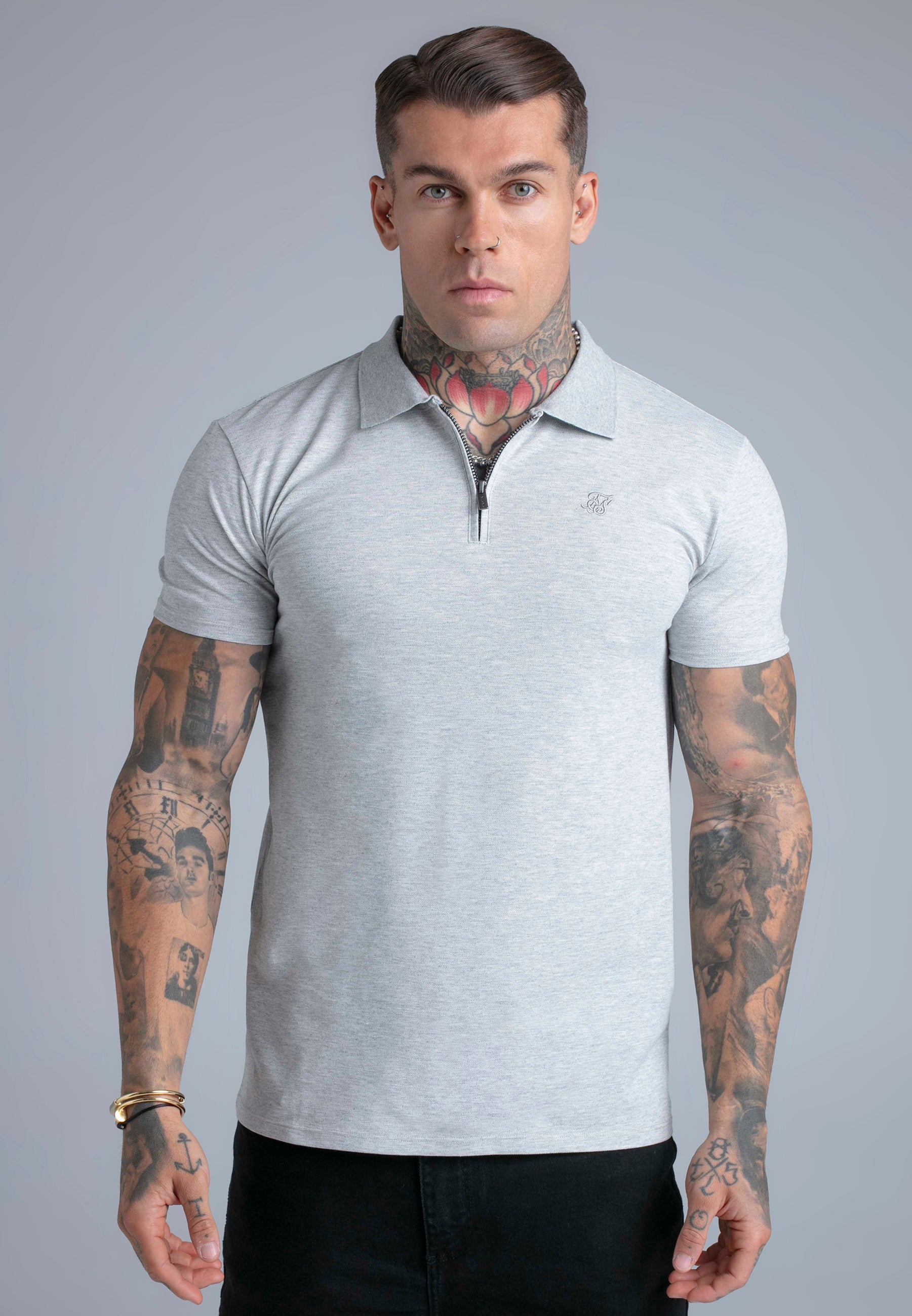 Zip Polo T-Shirt in Grey Marl T-Shirts SikSilk