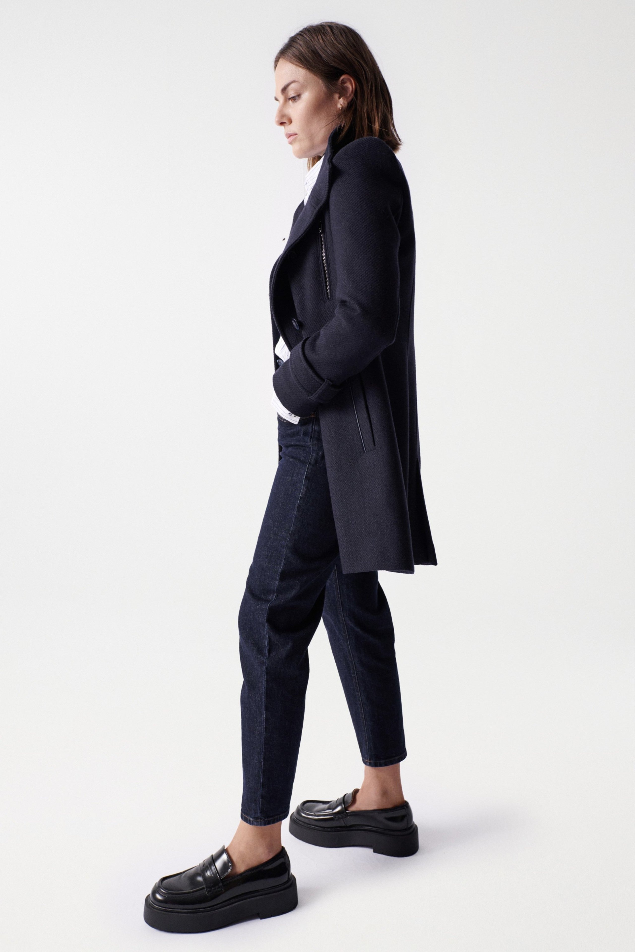 Grace Long Woolen Coat in Dark Blue