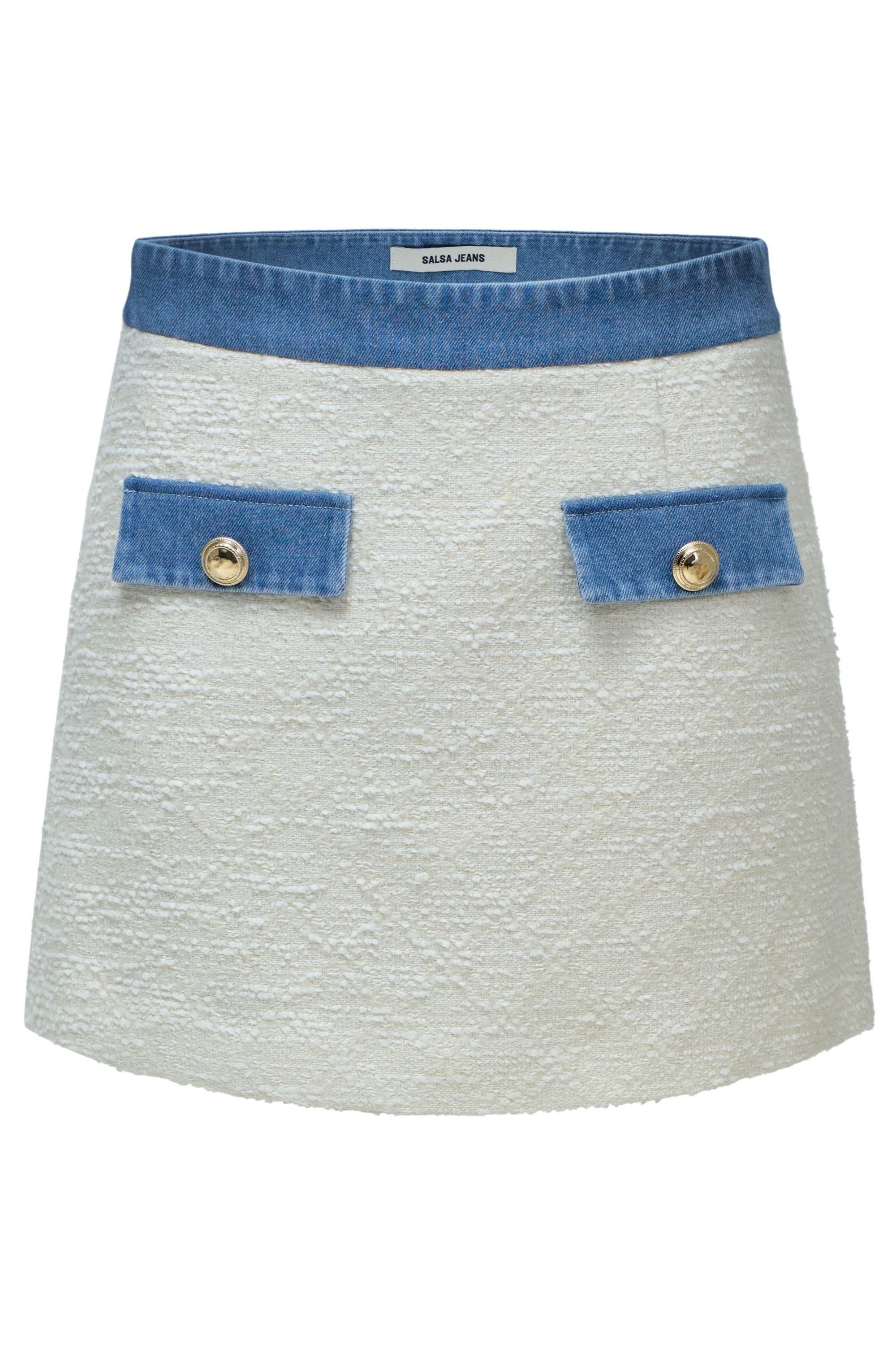 Tweed Skort With Denim Belt in Light Beige
