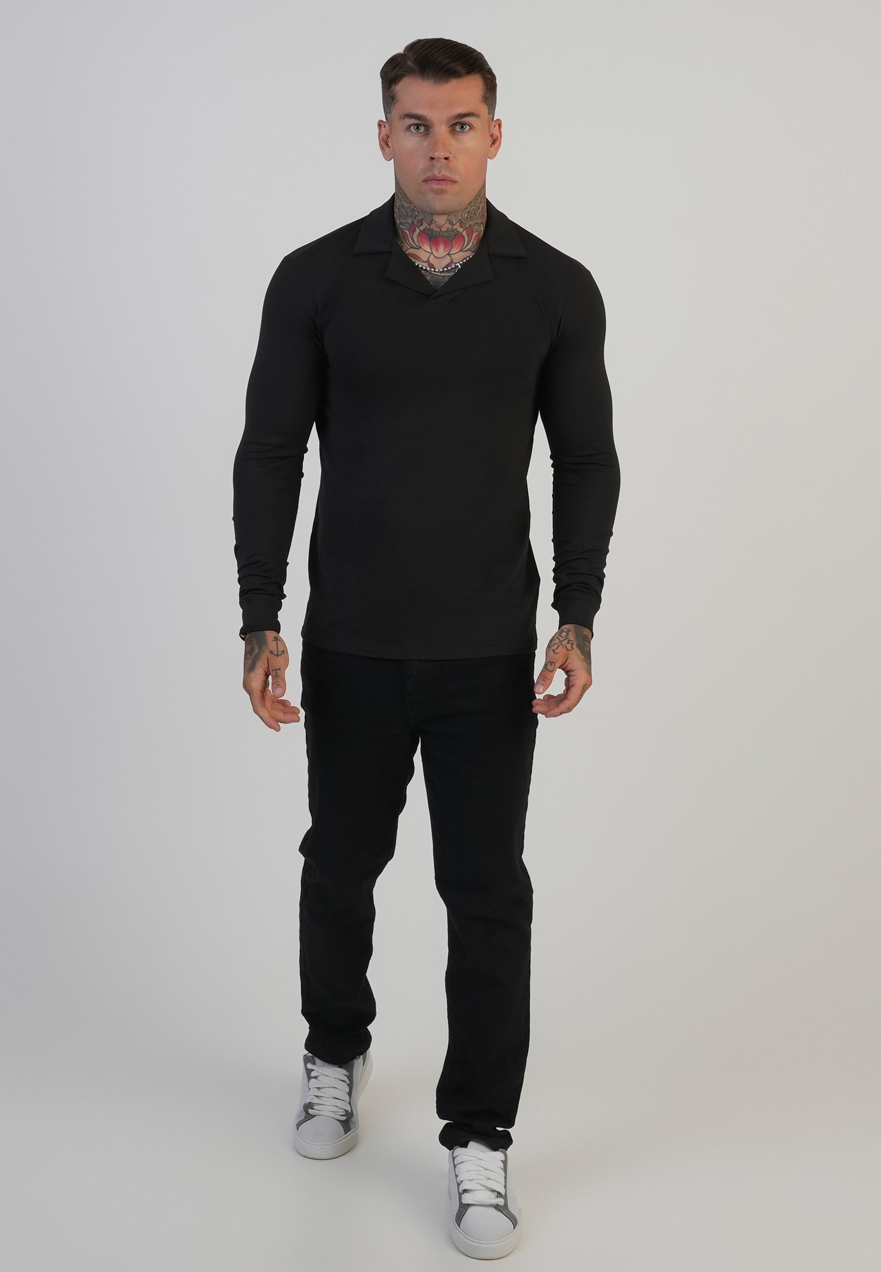 Long Sleeve Revere Polo in Black T-Shirts SikSilk