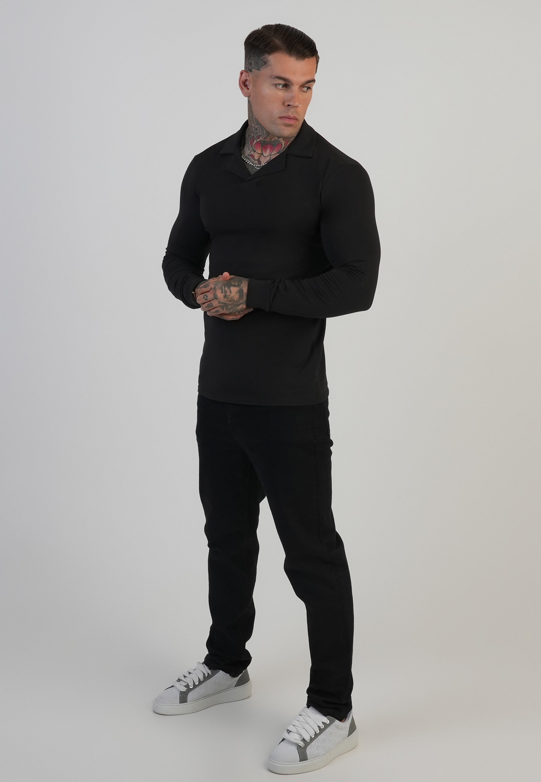 Long Sleeve Revere Polo in Black T-Shirts SikSilk