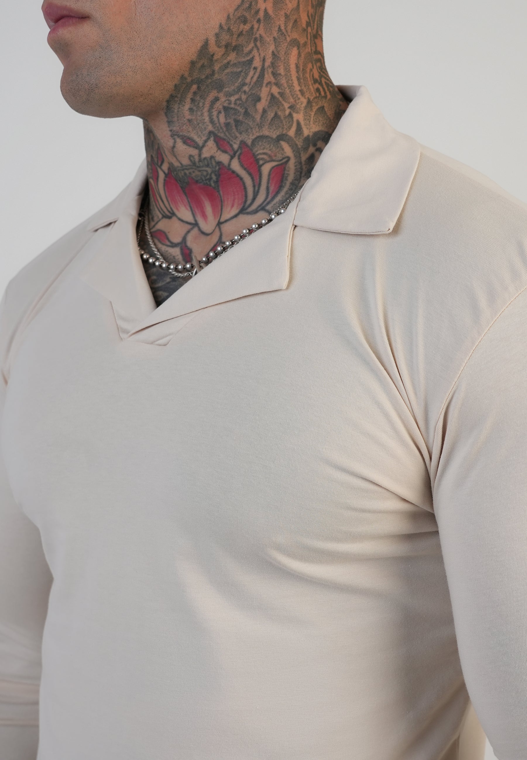 Long Sleeve Revere Polo in Ecru T-Shirts SikSilk